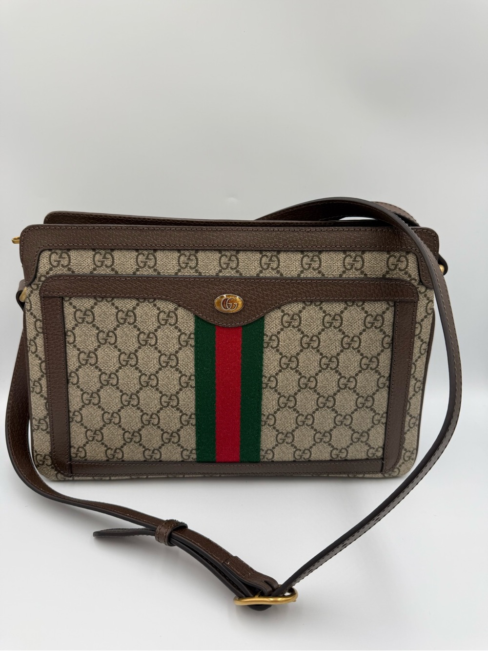 Gucci Brown GG Supreme Ophelia Canvas Crossbody with Green & Red Web